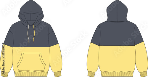 Color-blocked hoodie front and back flat sketch, drawstring hood kangaroo pocket ribbed cuff hem detail, cad drawing flat vector illustration template