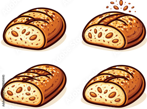 Two-Color vector icons of rustic bread revealing grains within (related theme): grainy loaf, cracked top, seed sprinkle, arc