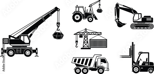 Construction vehicle silhouettes, industrial machinery vector, crane, excavator, forklift, dump truck, loader, tower lift, flavector