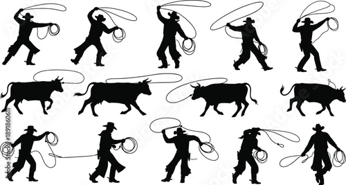 Cowboy, cattle, roping, silhouette, posture, gesture, lasso, ranch, rodeo, livestock, motion, setup, tradition, western, vector, black, pose, flavector, minimal, dynamic