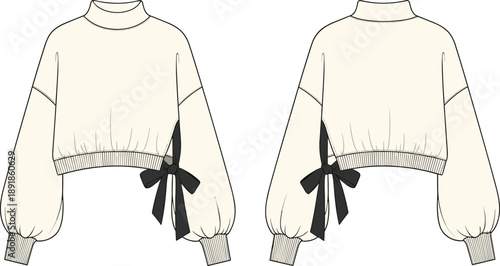Cream cropped sweatshirt technical flat sketch, front and back view, side tie ribbon detail, bishop sleeves, mock neck, apparel design template, cad drawing flat vector.