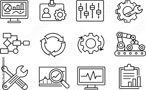 Platform Management Icons. Line style vector icons of platform management: dashboard, admin, control, settings; workflow, process,