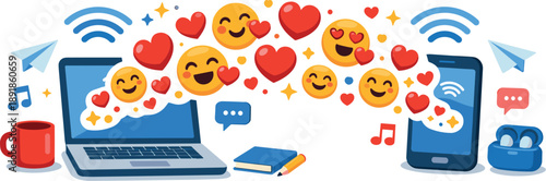 Laptop, smartphone, emojis, Wi-Fi symbols, mug, book, earphones, paper planes, music notes.