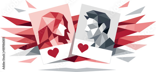 Two geometric portraits with hearts, surrounded by red and gray abstract shapes.