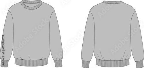 Crewneck sweatshirt front and back flat sketch, ribbed cuff hem neckline long sleeve detail, cad drawing flat vector illustration fashion template