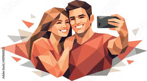 Two people taking a selfie, geometric style, no icons visible.