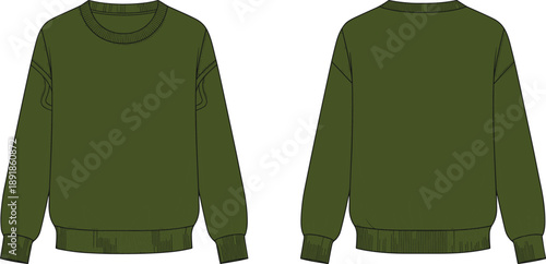 Crewneck sweatshirt front and back flat sketch, ribbed neckline cuff hem upper arm seam detail, cad drawing flat vector illustration fashion template