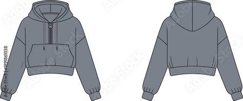 Cropped hoodie front and back technical sketch, drawstring hood half-zip kangaroo pocket, flat vector fashion illustration for garment design or apparel catalog template