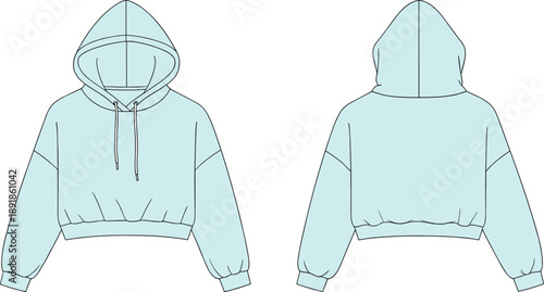 Cropped hoodie front and back flat sketch, drawstring hood upper arm seam ribbed cuff hem detail, cad drawing flat vector illustration fashion template
