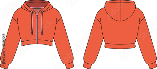 Cropped hoodie front and back view, drawstring hood zipper closure flat vector fashion sketch for garment design or apparel catalog template