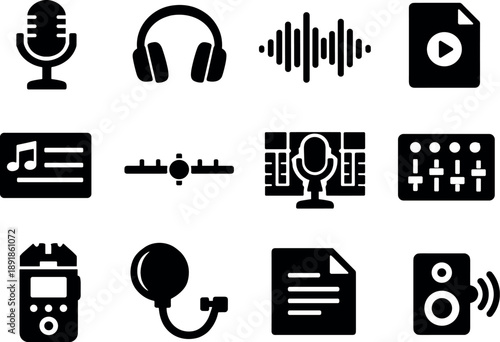 Image Generation. Solid vector icons of audio podcast: microphone, headphone, waveform, episode, playlist, timeline, studio, mixer