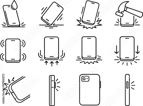 Image Generation. Line style vector icons of shockproof phone cover: drop, fall, impact, hit; cushion, absorb, dampen, reduce;