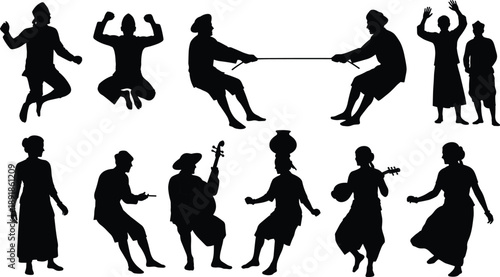 Cultural, activity, silhouette, posture, gesture, dance, music, pot, rope, jump, balance, tradition, folk, setup, rural, expressive, vector, black, pose, flavector, festival
