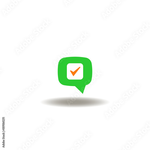 Vector illustration of speech bubble with check mark. Symbol of success stories. Icon of successful storytelling.
