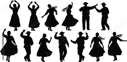 Dance, tradition, silhouette, posture, gesture, skirt, hat, rhythm, attire, folk, culture, movement, setup, expressive, rural, festival, vector, black, pose, flavector, heritage
