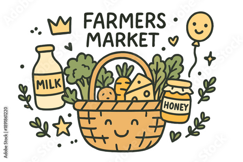Whimsical Market Basket. Farmers market illustration doodle style: hand drawn basket with smile, crown, star, balloon, milk,