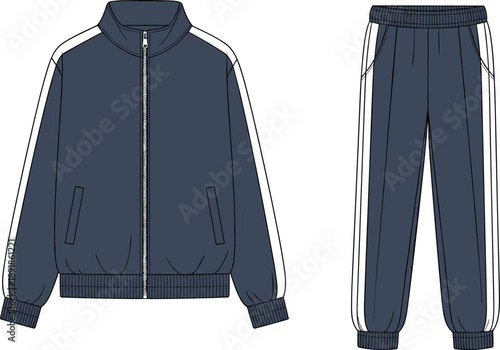 Dark blue athletic tracksuit with white side stripes, zip-up jacket and matching pants, ideal for sportswear, casual fashion, or fitness apparel design templates.