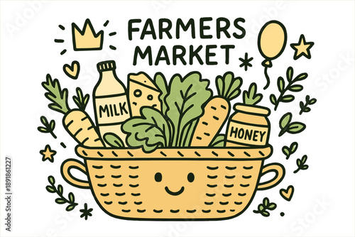 Whimsical Market Basket. Farmers market illustration doodle style: hand drawn basket with smile, crown, star, balloon, milk,