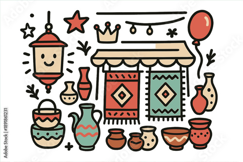 Cute Bazaar Doodle Art. Street bazaar illustration doodle style: hand drawn lantern with smile, crown, star, balloon, rugs,