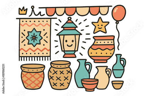 Cute Bazaar Doodle Art. Street bazaar illustration doodle style: hand drawn lantern with smile, crown, star, balloon, rugs,