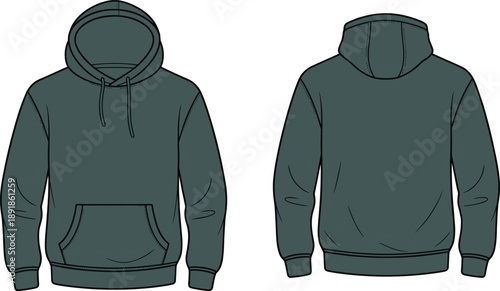 Dark green hooded sweatshirt front back view, fashion flat sketch, garment design, casual wear template, vector illustration, apparel mockup, cad drawing flat vector