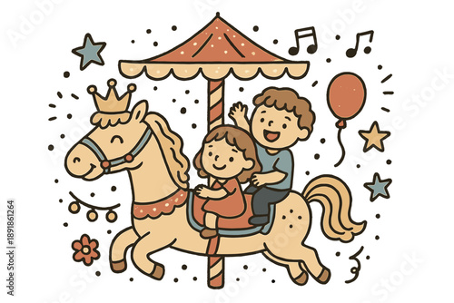 Whimsical Carousel Ride. Carousel ride illustration doodle style: hand drawn horse with smile, crown, star, balloon, music, lights