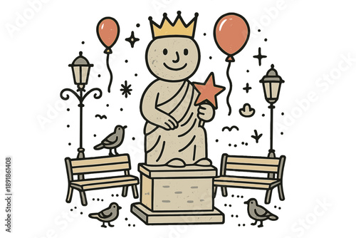 Whimsical Street Sculpture. Street sculpture illustration doodle style: hand drawn statue with smile, crown, star, balloon, street