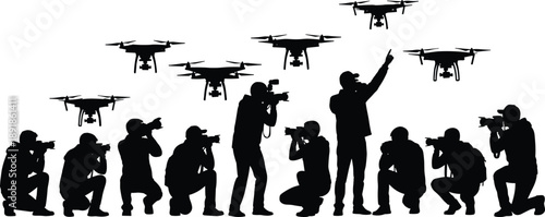 Drone photography and observer silhouette set with flying drones and people with cameras, black vector illustration for surveillance, tech, or event-themed stock image