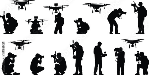 Drone, camera, silhouette, photography, videography, operator, tripod, stabilizer, flight, kneeling, squatting, standing, vector, black, pose, equipment, technology, footage, control, flavector