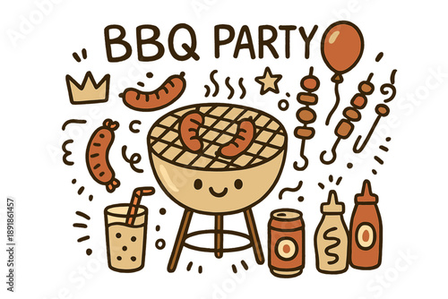 Fun BBQ Doodle. BBQ party illustration doodle style: hand drawn grill with smile, sausages, crown, star, balloon, skewers, drinks,