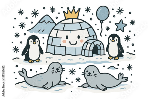 Cute Arctic Doodle. Arctic landscape illustration doodle style: hand drawn igloo with smile, crown, star, balloon, penguins, seals