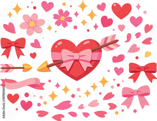 Hearts, bows, flowers, stars, arrow, petals, ribbons scattered around a central heart.