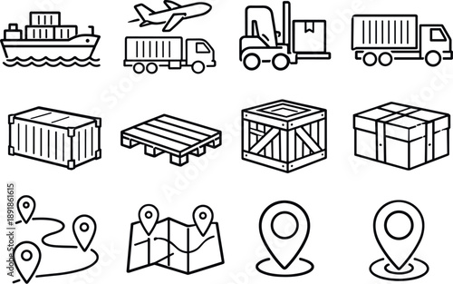 Line style vector icons of shipping logistics: shipping, logistics, freight, transport; container, pallet, crate