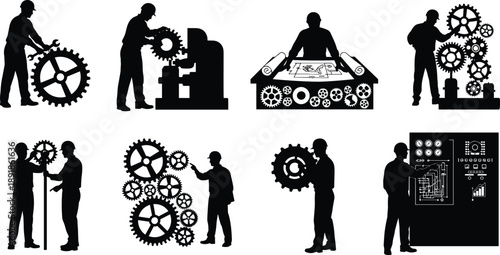 Engineering, gear, silhouette, posture, gesture, wrench, blueprint, inspect, operate, collaborate, control, machine, vector, black, pose, setup, mechanical, system, flavector, design