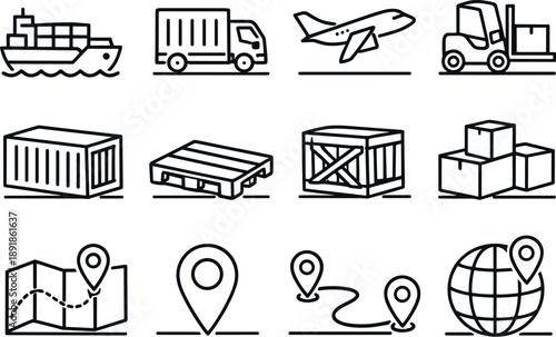 Line style vector icons of shipping logistics: shipping, logistics, freight, transport; container, pallet, crate