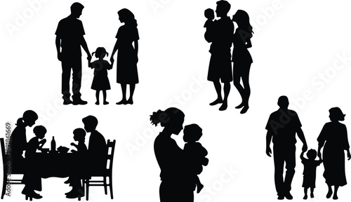 Family silhouette vector set, parent and child icons, black flavector shapes, daily life moments, togetherness theme, dining, walking, holding hands, white background, care symbol