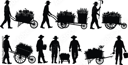 Farm, labor, transport, silhouette, posture, gesture, cart, wheelbarrow, pumpkin, vegetable, bucket, basket, hoe, watering, setup, agriculture, rural, harvest, vector, black, pose, flavector