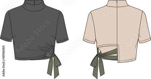 Fashion illustration of short-sleeve cropped top front and back view with high neckline, side tie detail, open back – modern garment design template