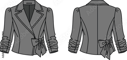 Fashion technical flat drawing of a women's grey wrap blazer featuring notched lapels, puffed ruched sleeves, tailored seams, and a side waist tie bow