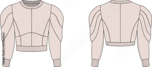 Fashion technical flat sketch of a cream cropped sweatshirt featuring dramatic puff sleeves with panelled details, a round neck, and ribbed knit trims