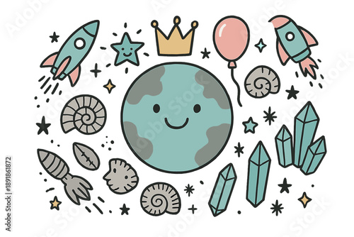 Whimsical Cosmic Doodle. Science museum illustration doodle style: hand drawn planet with smile, crown, star, balloon, fossils,