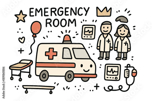 Cute Ambulance Scene. Emergency room illustration doodle style: hand drawn ambulance with smile, crown, star, balloon, stretcher,
