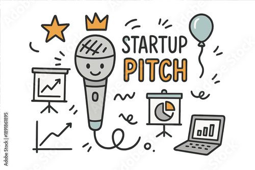 Doodle Startup Pitch. Startup pitch illustration doodle style: hand drawn microphone with smile, crown, star, balloon, charts,