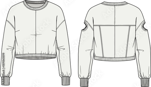 Fashion Technical Sketch of Women's Cropped Sweatshirt with Cold Shoulder Cutouts Ribbed Trim and Paneled Seams Vector Illustration for Apparel Design and Production