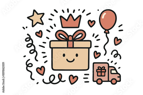 Whimsical Gift Delivery. Gift delivery illustration doodle style: hand drawn gift box with smile, crown, star, balloon, ribbons,