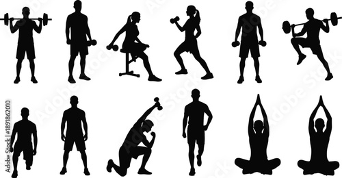 Fitness, exercise, silhouette, posture, gesture, workout, weightlifting, yoga, lunge, dumbbell, barbell, seated, standing, walk, pose, stretch, routine, vector, black, setup, flavector