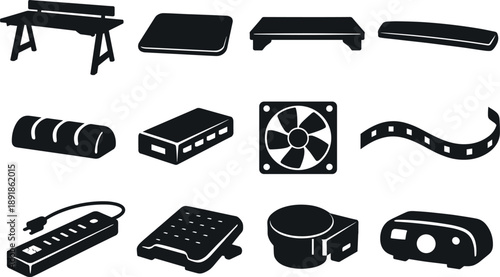  Solid vector icons of competitive gaming setup: desk, mousepad, monitor stand, keyboard wrist rest, cable clip,