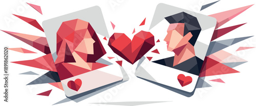 Polygons of a couple facing each other, abstract art style, heart between them.