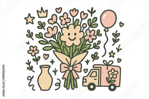 Cute Doodle Flower Delivery. Flower delivery illustration doodle style: hand drawn bouquet with smile, crown, star, balloon, vase,