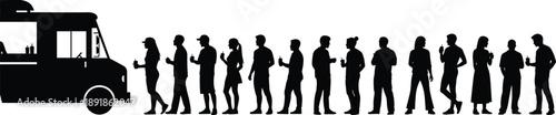 Food, truck, queue, silhouette, posture, gesture, drink, snack, service, window, condiment, urban, setup, event, casual, vector, black, pose, flavector, minimal